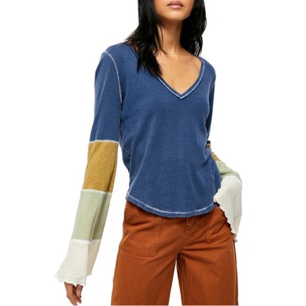 We the Free Free People Spread Your Wings Patchwork Bell Sleeve Top Blue- Size S